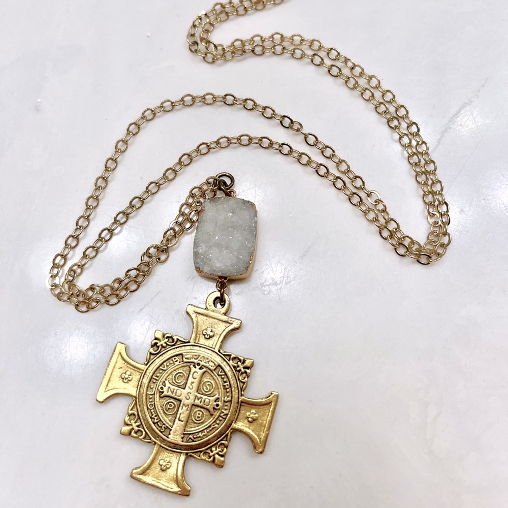 St. Benedict Medal Long Gold Necklace